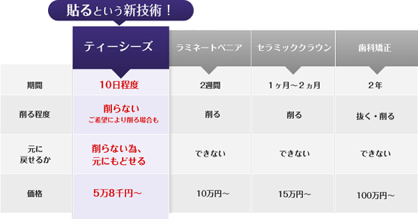 治療法の種類と、治療期間、費用についての表
